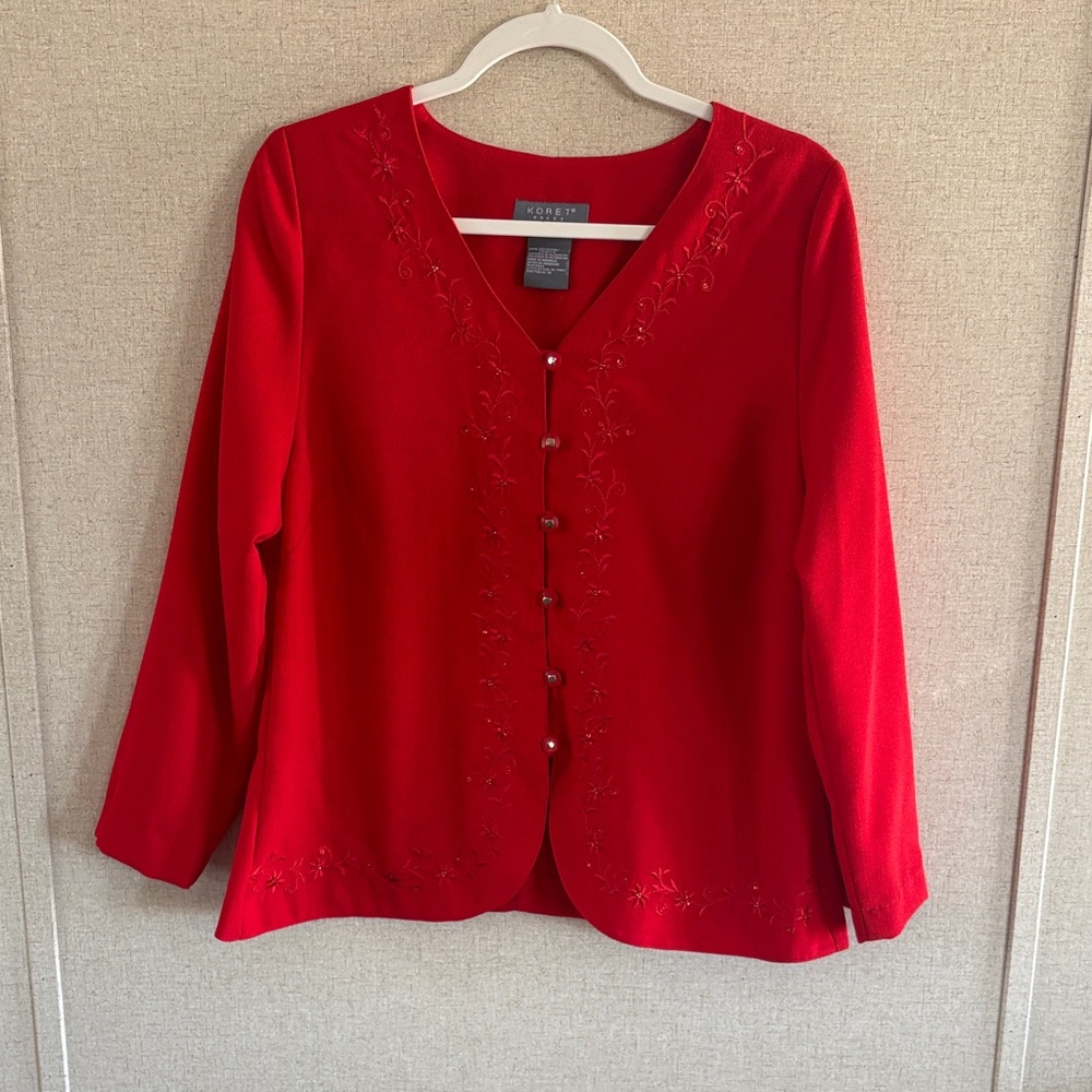 Koret Red Embroidered Sequins Button Front Blouse Sz 14 Quiet Luxury Romantic